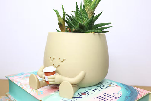 Vaso decorativo color crema con personaggio rilassato e pianta grassa appoggiato su un libro