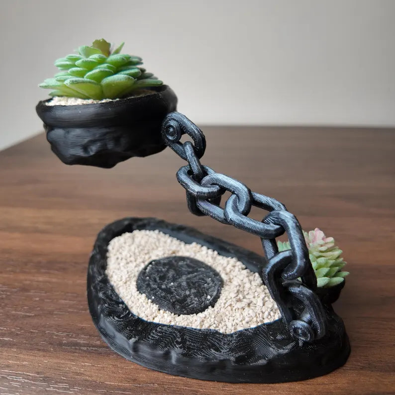 Vaso decorativo fluttuante con succulenta e struttura a catena su base scura